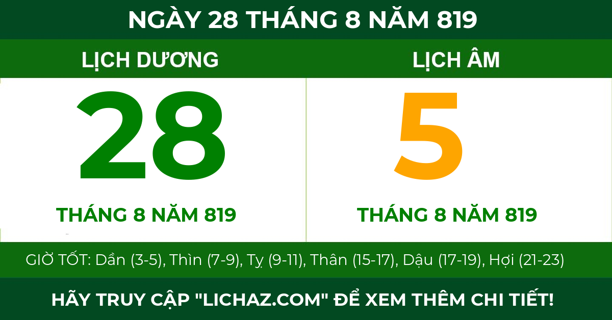 lịch âm ngày 28 tháng 8 năm 819