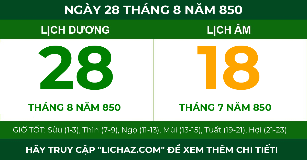lịch âm ngày 28 tháng 8 năm 850