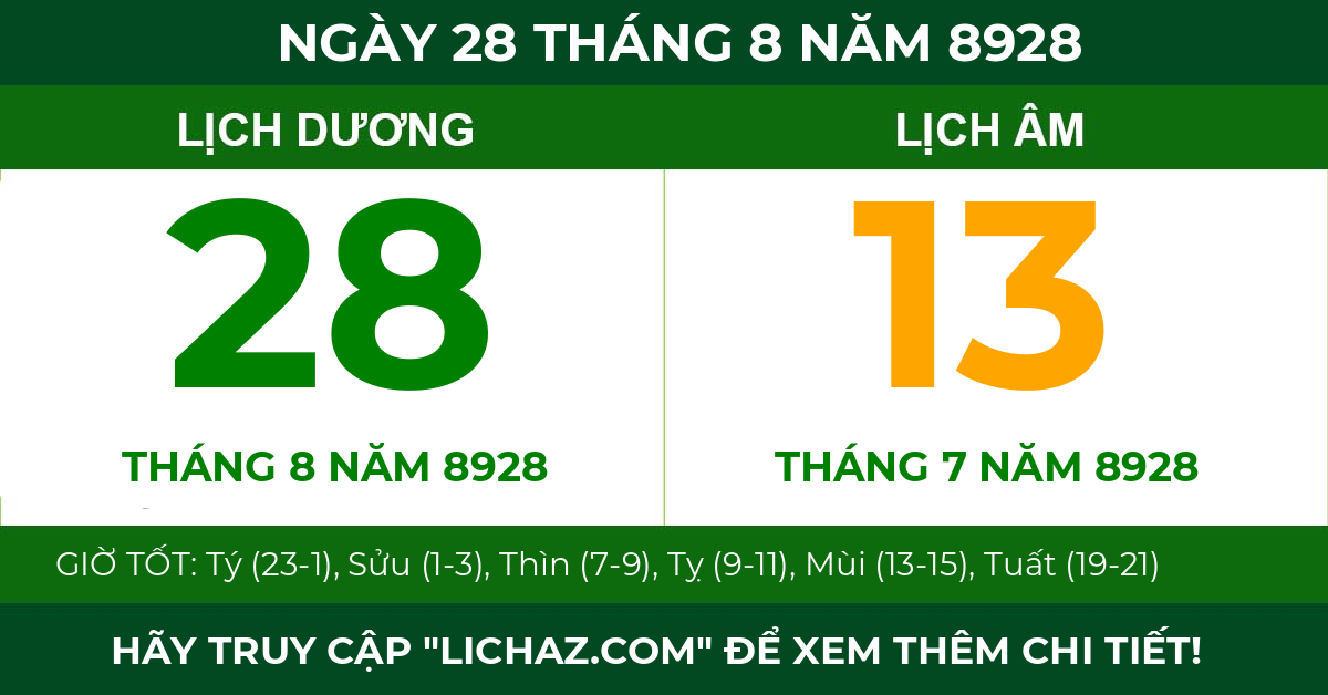 lịch âm ngày 28 tháng 8 năm 8928
