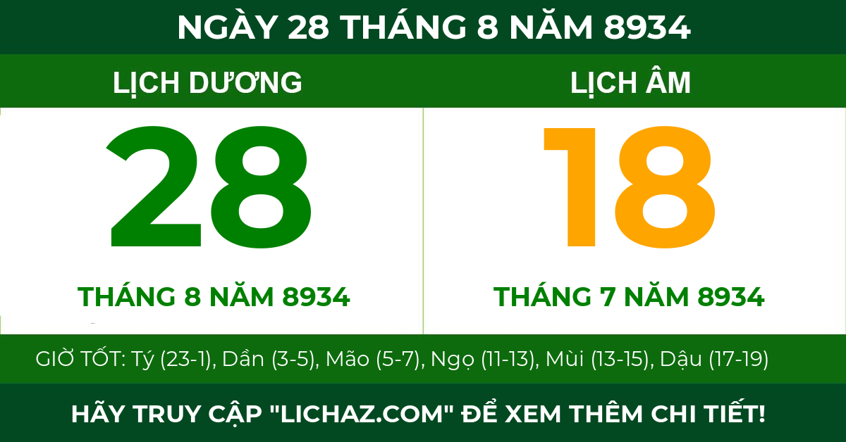lịch âm ngày 28 tháng 8 năm 8934