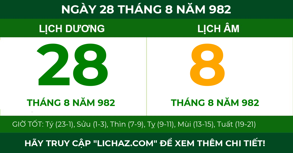 lịch âm ngày 28 tháng 8 năm 982