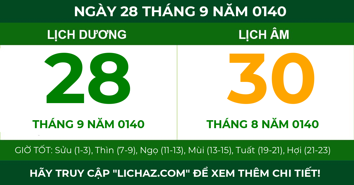 lịch âm ngày 28 tháng 9 năm 0140