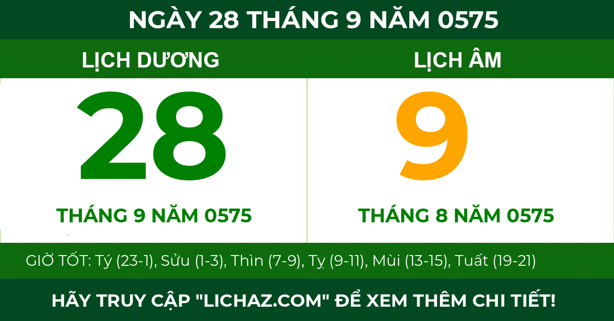 lịch âm ngày 28 tháng 9 năm 0575
