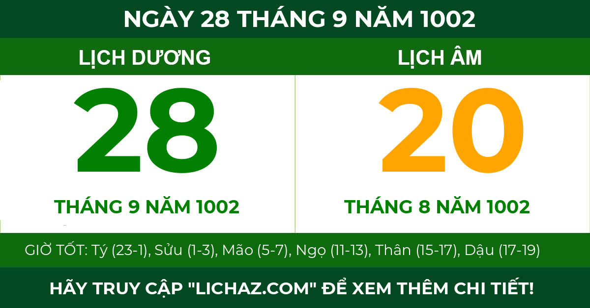 lịch âm ngày 28 tháng 9 năm 1002