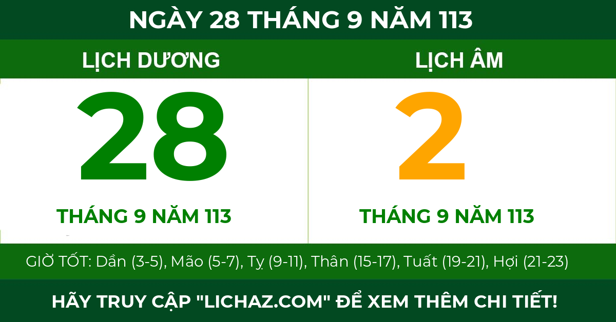 lịch âm ngày 28 tháng 9 năm 113