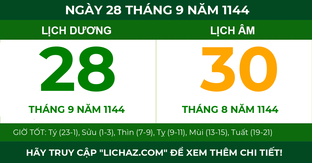 lịch âm ngày 28 tháng 9 năm 1144