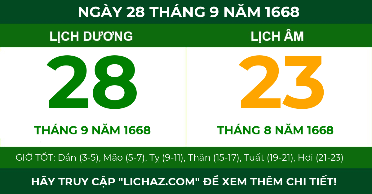 lịch âm ngày 28 tháng 9 năm 1668
