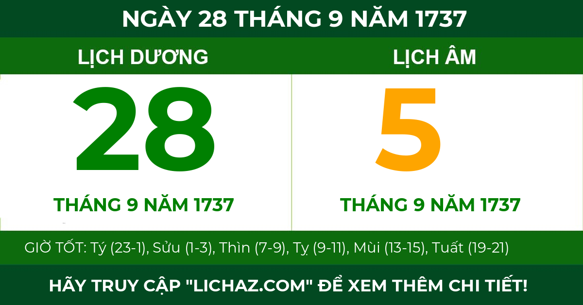 lịch âm ngày 28 tháng 9 năm 1737