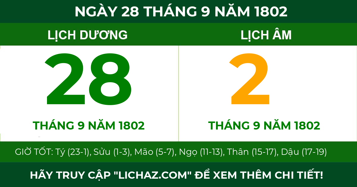lịch âm ngày 28 tháng 9 năm 1802