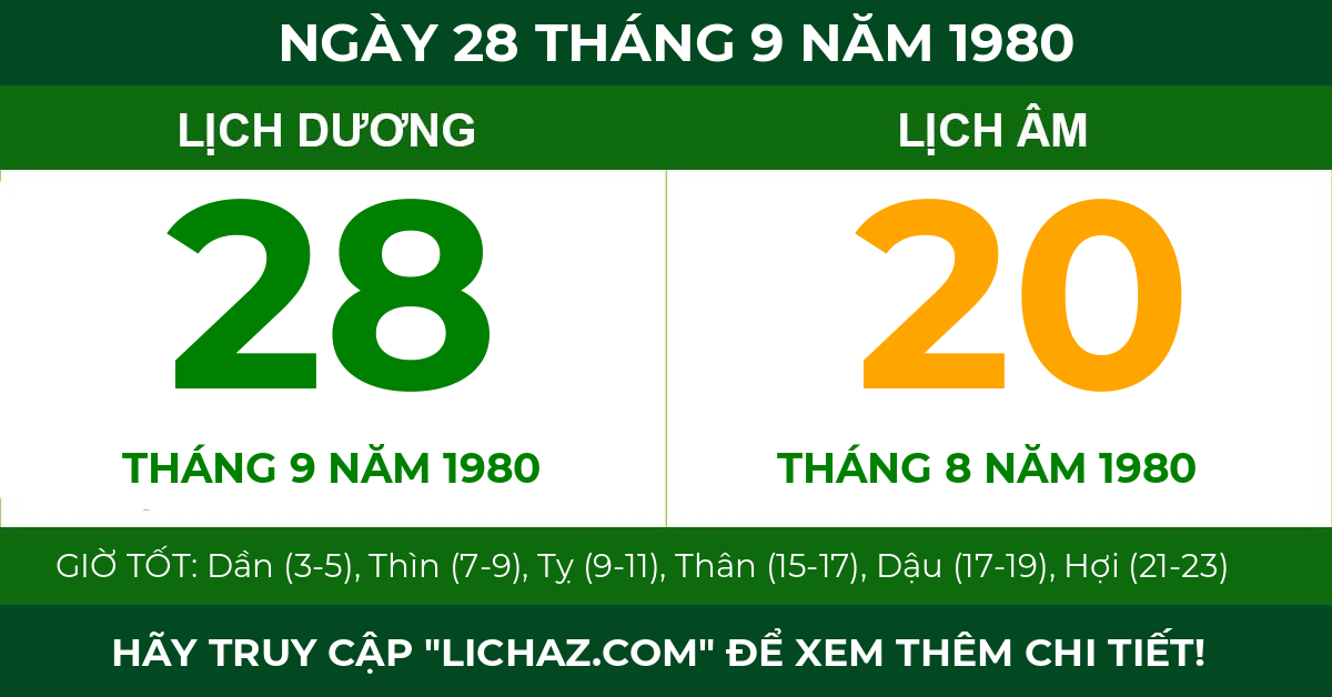 lịch âm ngày 28 tháng 9 năm 1980