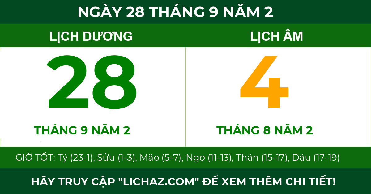 lịch âm ngày 28 tháng 9 năm 2