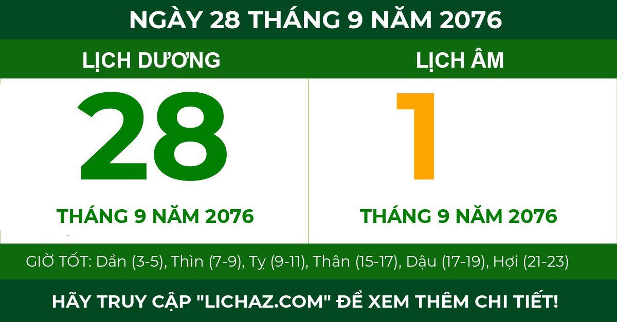 lịch âm ngày 28 tháng 9 năm 2076