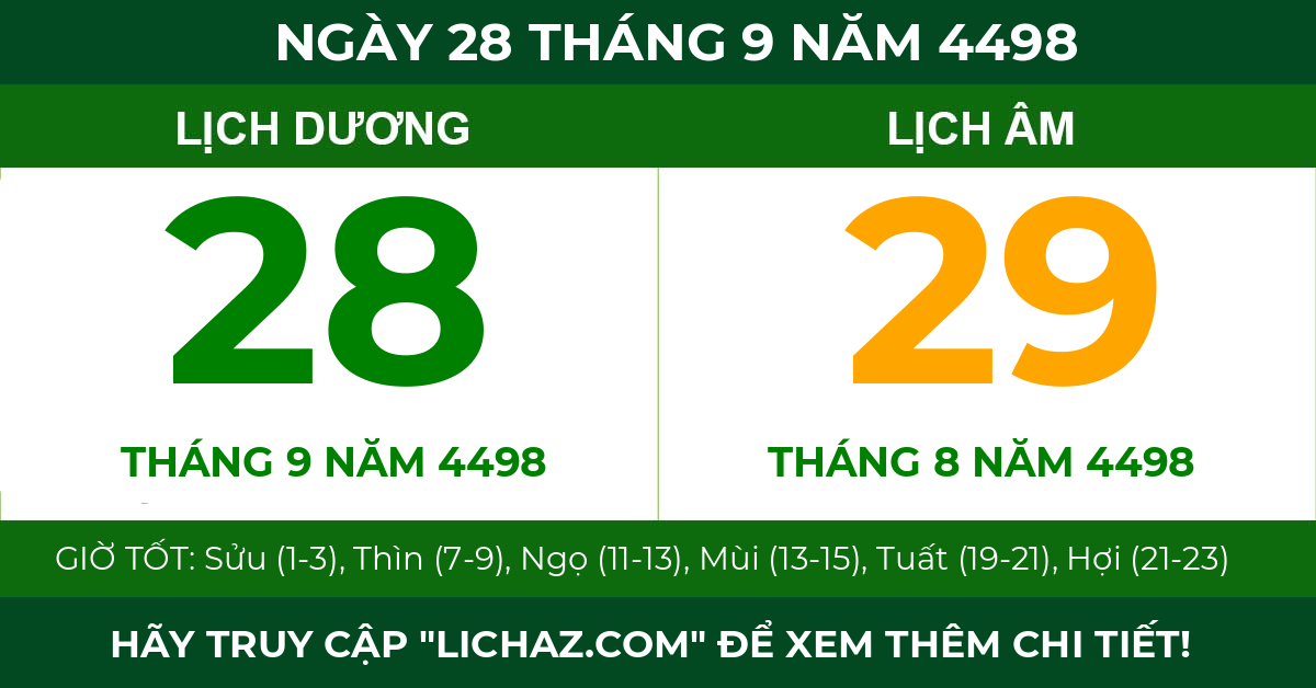 lịch âm ngày 28 tháng 9 năm 4498