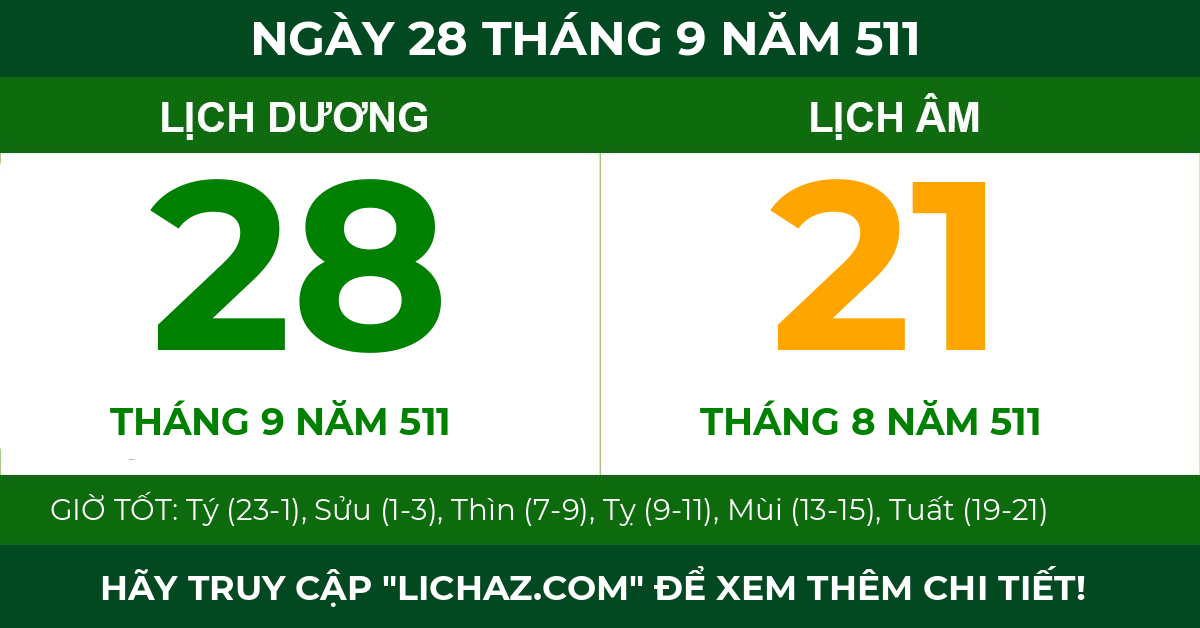 lịch âm ngày 28 tháng 9 năm 511