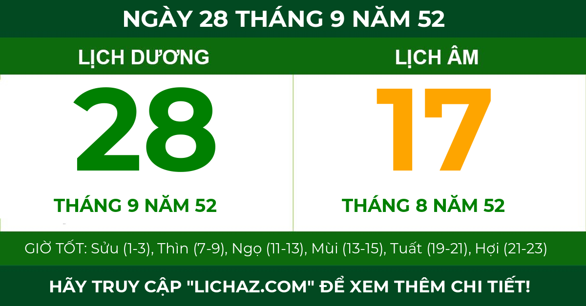 lịch âm ngày 28 tháng 9 năm 52