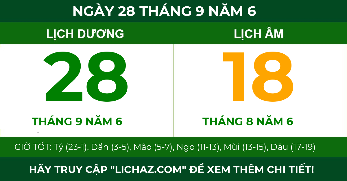 lịch âm ngày 28 tháng 9 năm 6