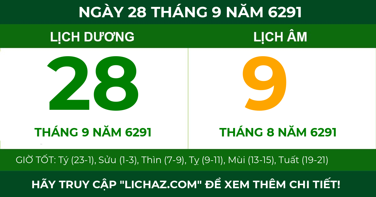 lịch âm ngày 28 tháng 9 năm 6291