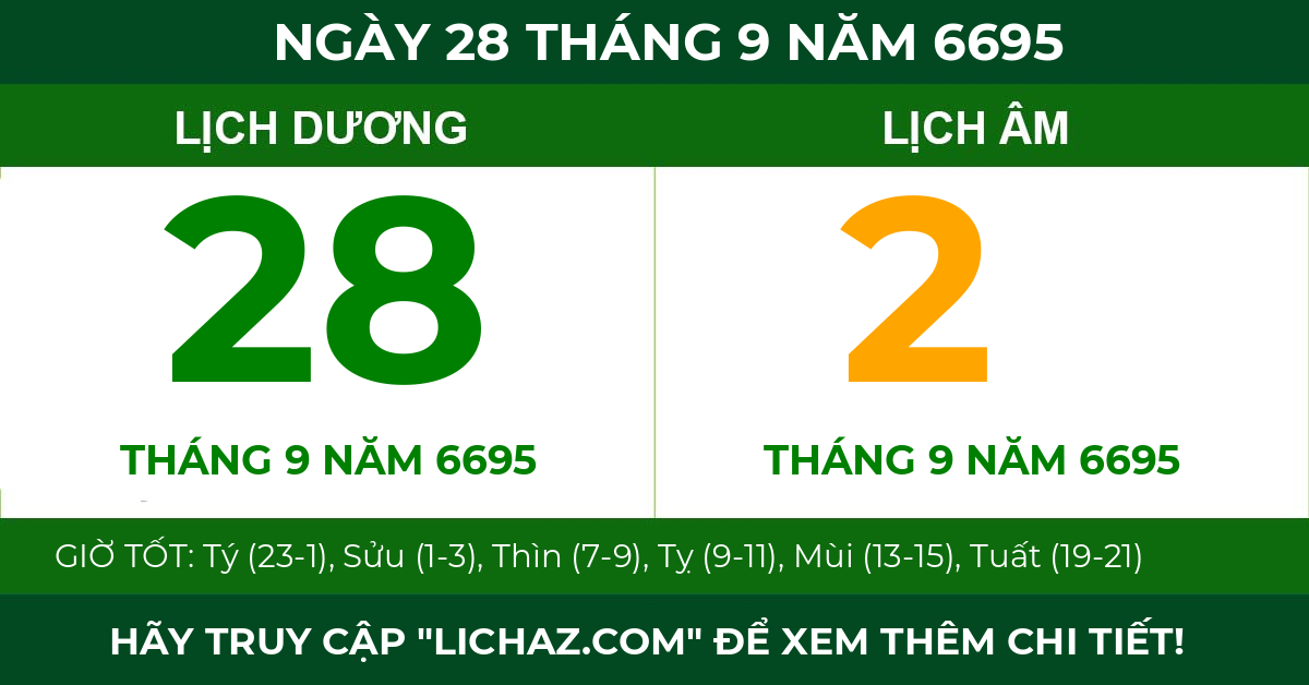 lịch âm ngày 28 tháng 9 năm 6695