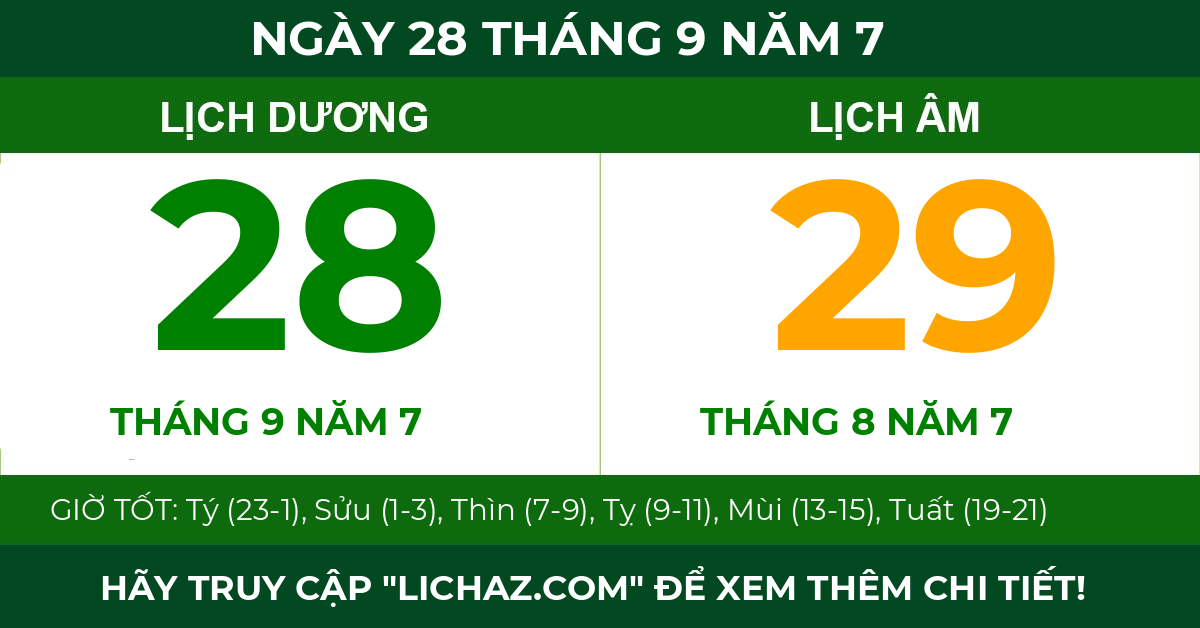 lịch âm ngày 28 tháng 9 năm 7