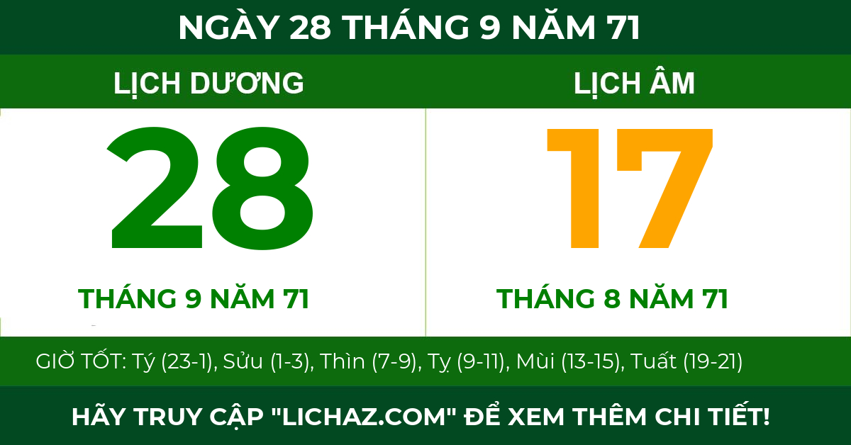 lịch âm ngày 28 tháng 9 năm 71