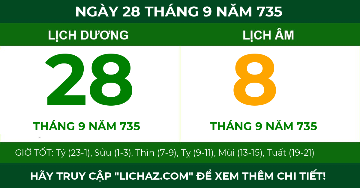 lịch âm ngày 28 tháng 9 năm 735