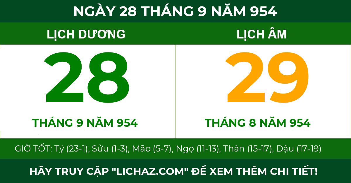 lịch âm ngày 28 tháng 9 năm 954