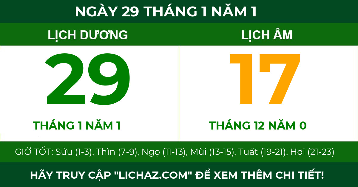 lịch âm ngày 29 tháng 1 năm 1