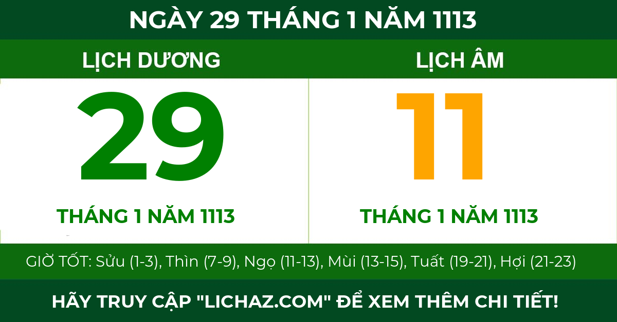lịch âm ngày 29 tháng 1 năm 1113