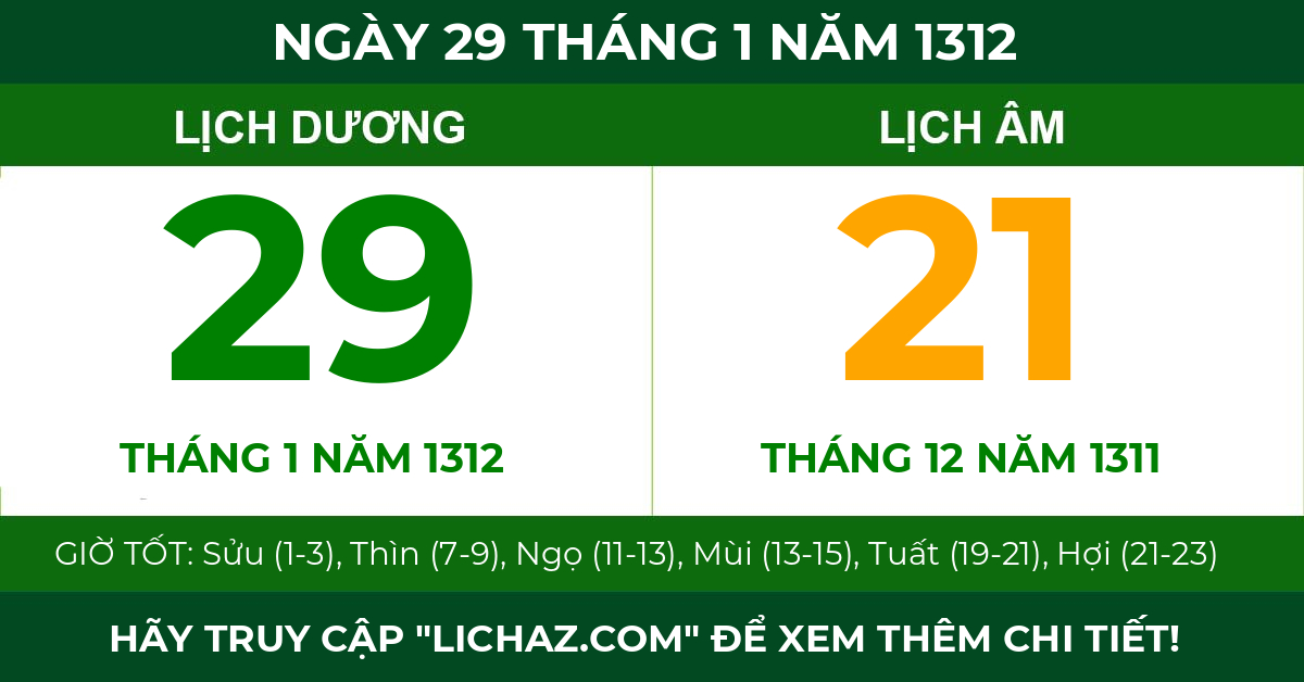 lịch âm ngày 29 tháng 1 năm 1312