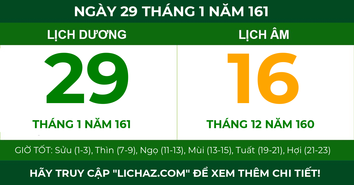 lịch âm ngày 29 tháng 1 năm 161