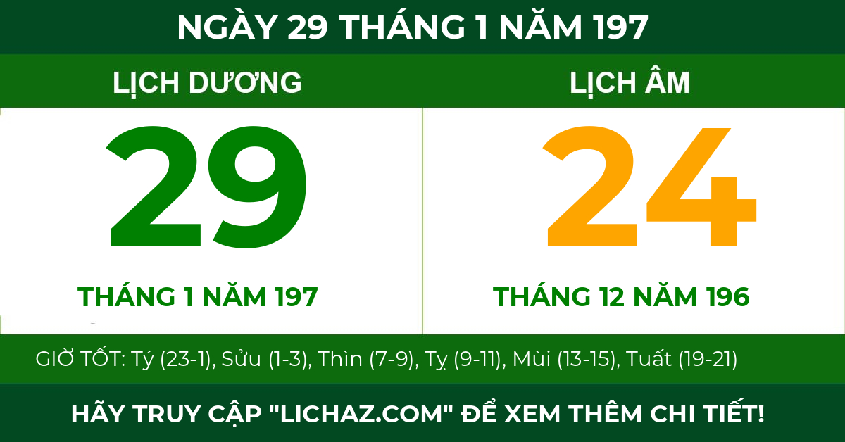 lịch âm ngày 29 tháng 1 năm 197