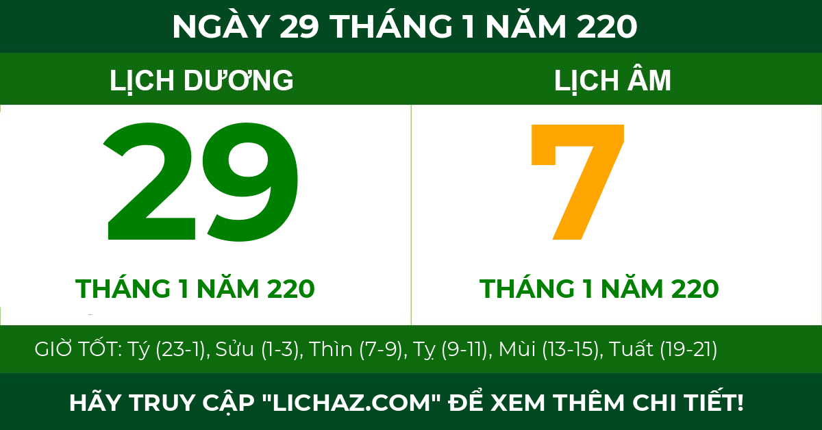 lịch âm ngày 29 tháng 1 năm 220