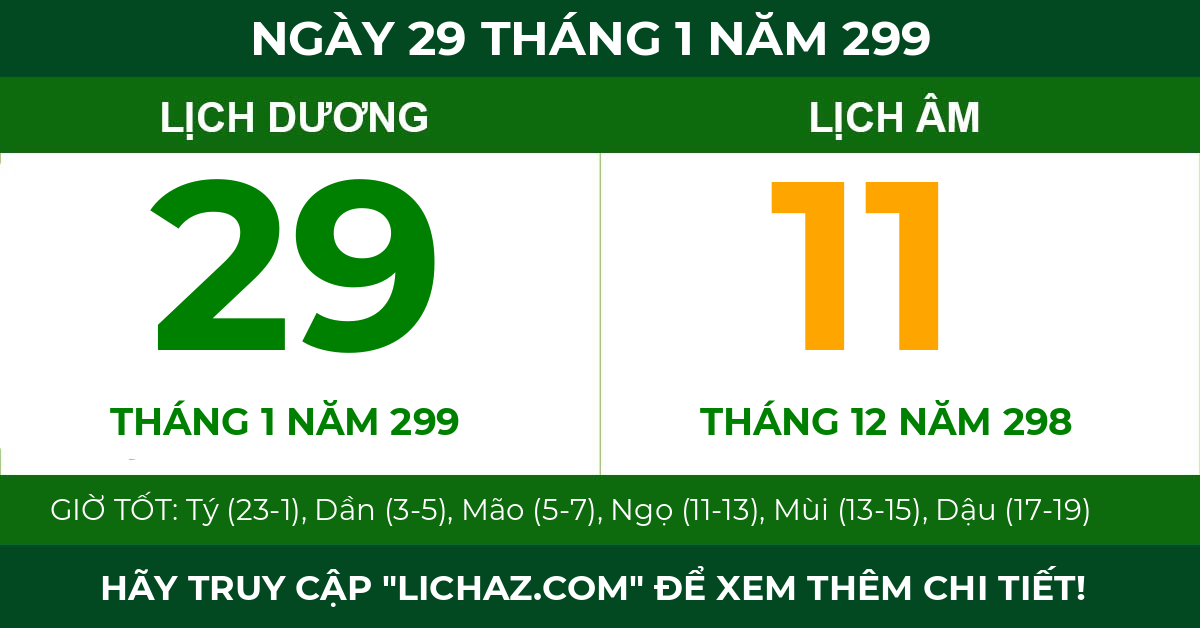 lịch âm ngày 29 tháng 1 năm 299