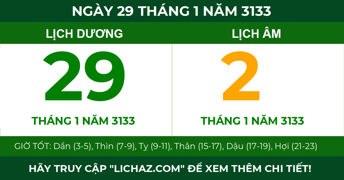 lịch âm ngày 29 tháng 1 năm 3133