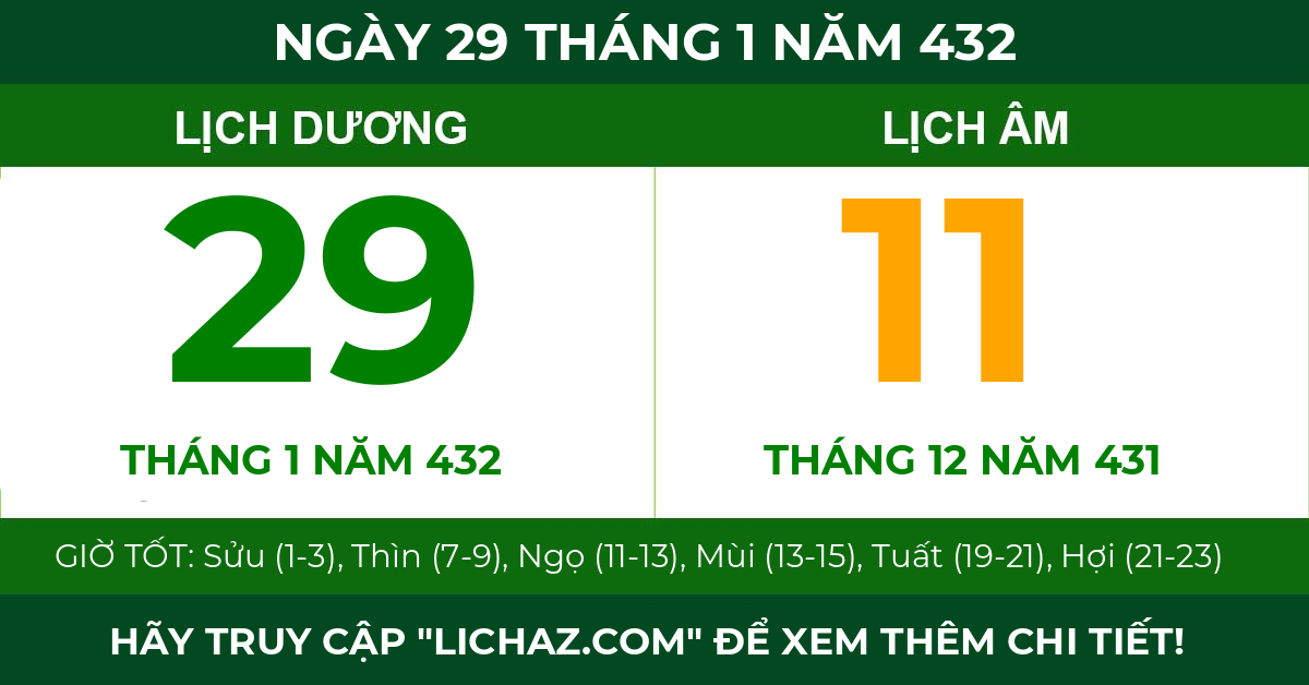 lịch âm ngày 29 tháng 1 năm 432