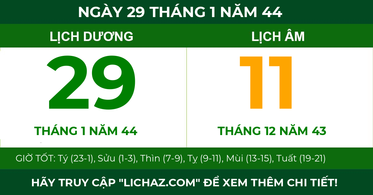 lịch âm ngày 29 tháng 1 năm 44