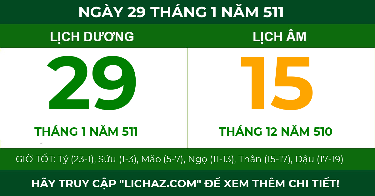 lịch âm ngày 29 tháng 1 năm 511