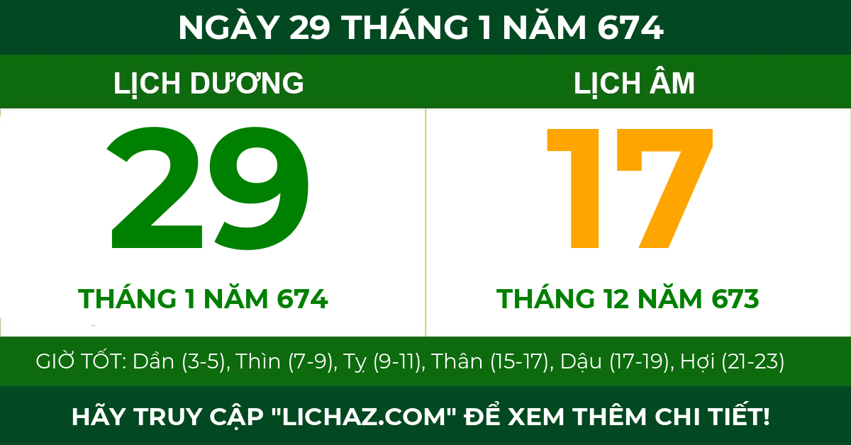 lịch âm ngày 29 tháng 1 năm 674