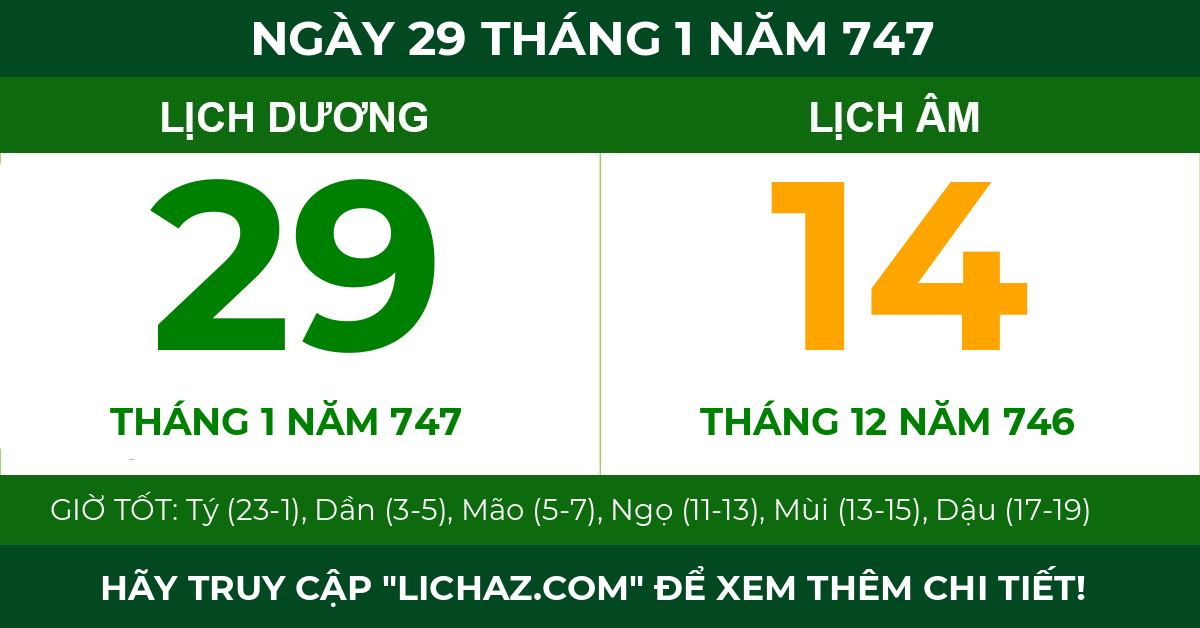lịch âm ngày 29 tháng 1 năm 747
