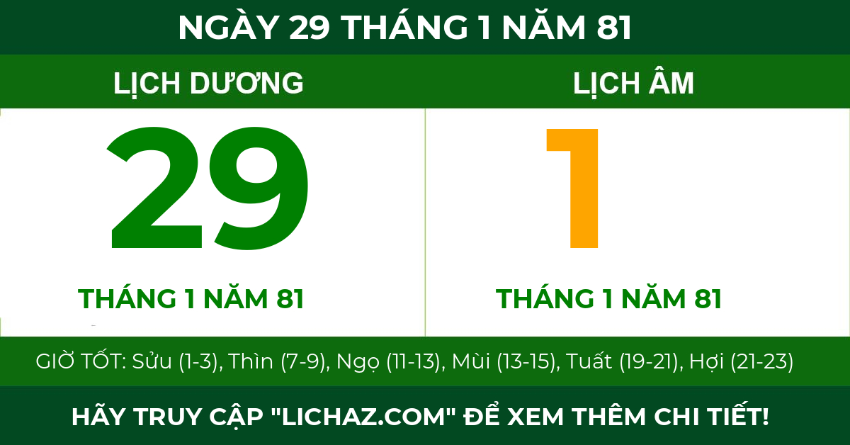lịch âm ngày 29 tháng 1 năm 81