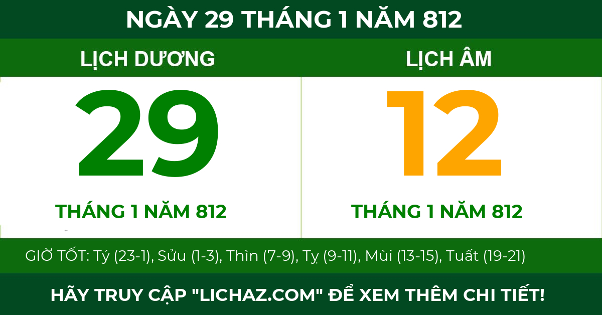 lịch âm ngày 29 tháng 1 năm 812