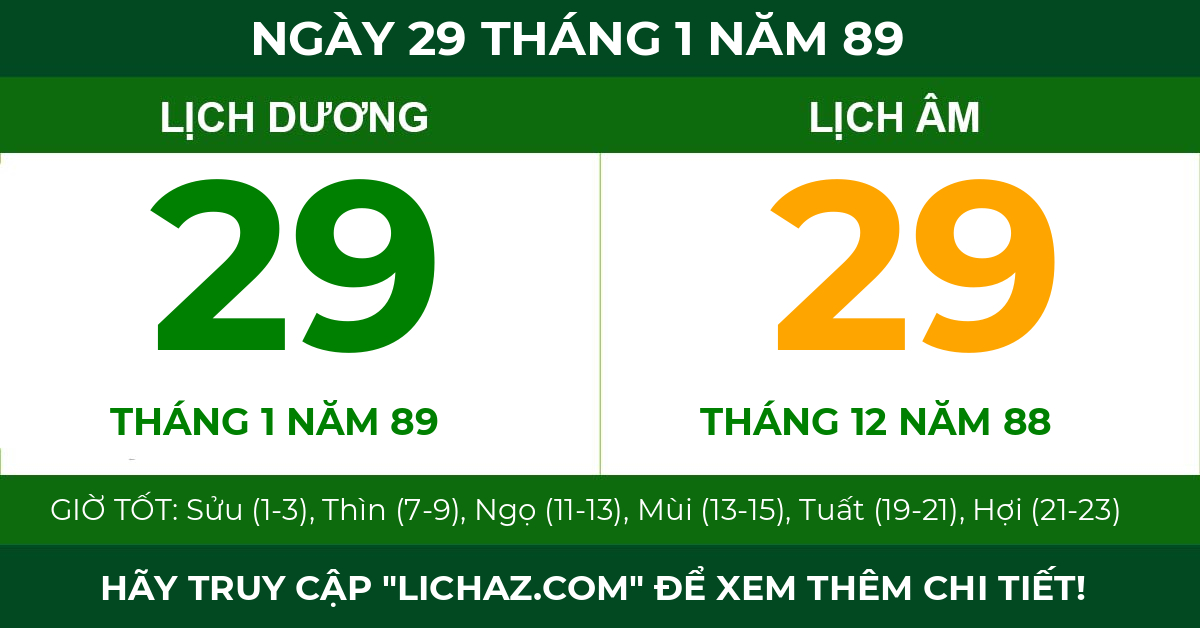 lịch âm ngày 29 tháng 1 năm 89