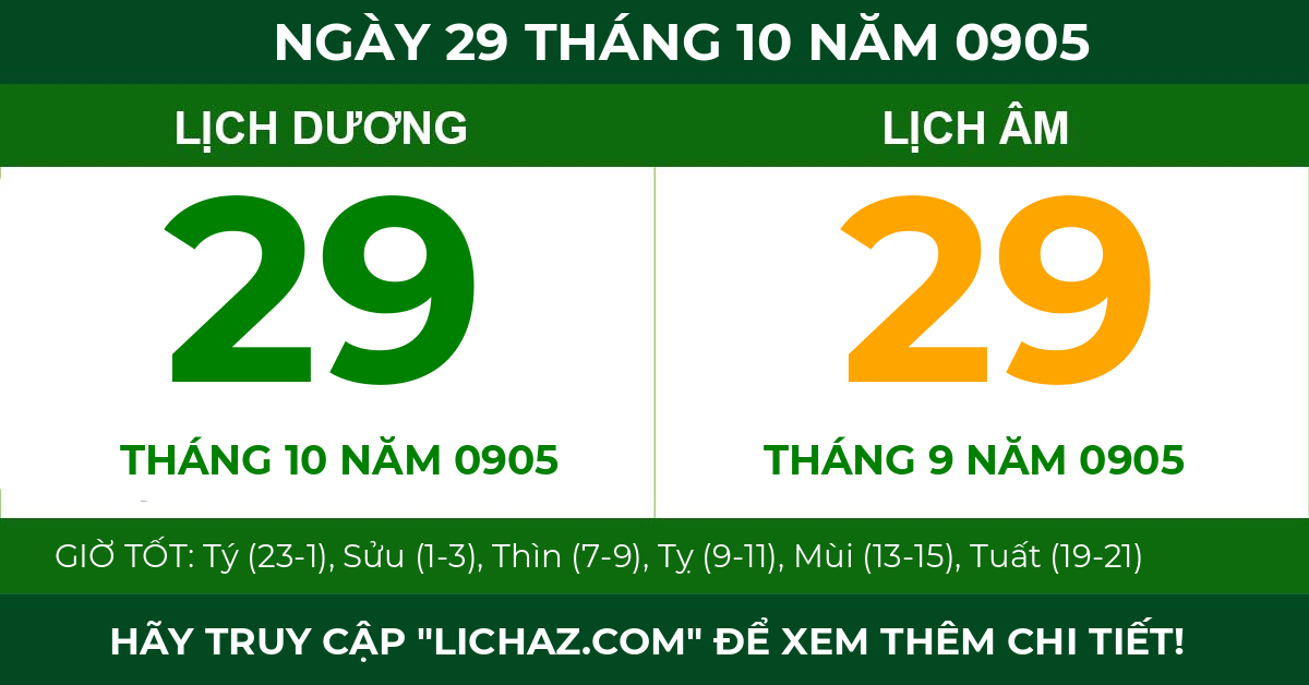 lịch âm ngày 29 tháng 10 năm 0905