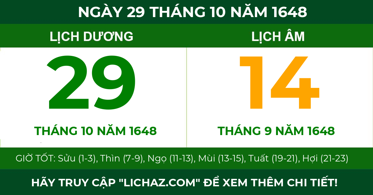 lịch âm ngày 29 tháng 10 năm 1648