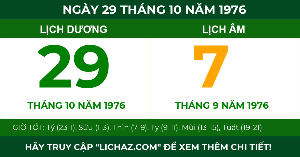 lịch âm ngày 29 tháng 10 năm 1976
