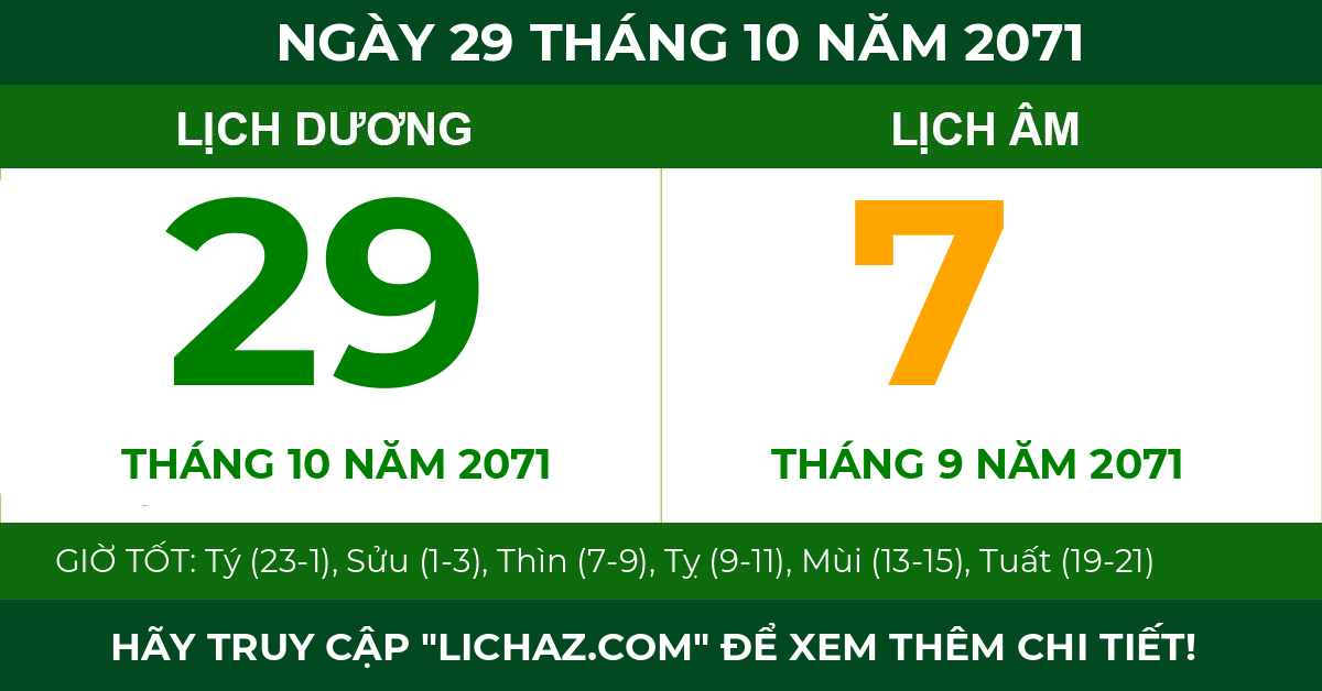 lịch âm ngày 29 tháng 10 năm 2071