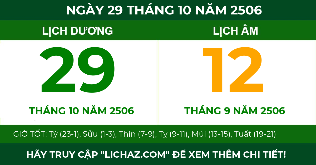 lịch âm ngày 29 tháng 10 năm 2506