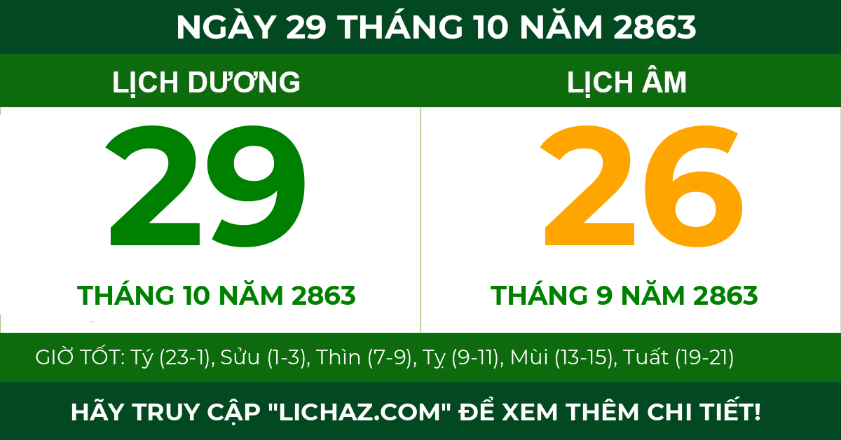 lịch âm ngày 29 tháng 10 năm 2863