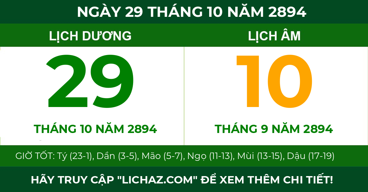lịch âm ngày 29 tháng 10 năm 2894