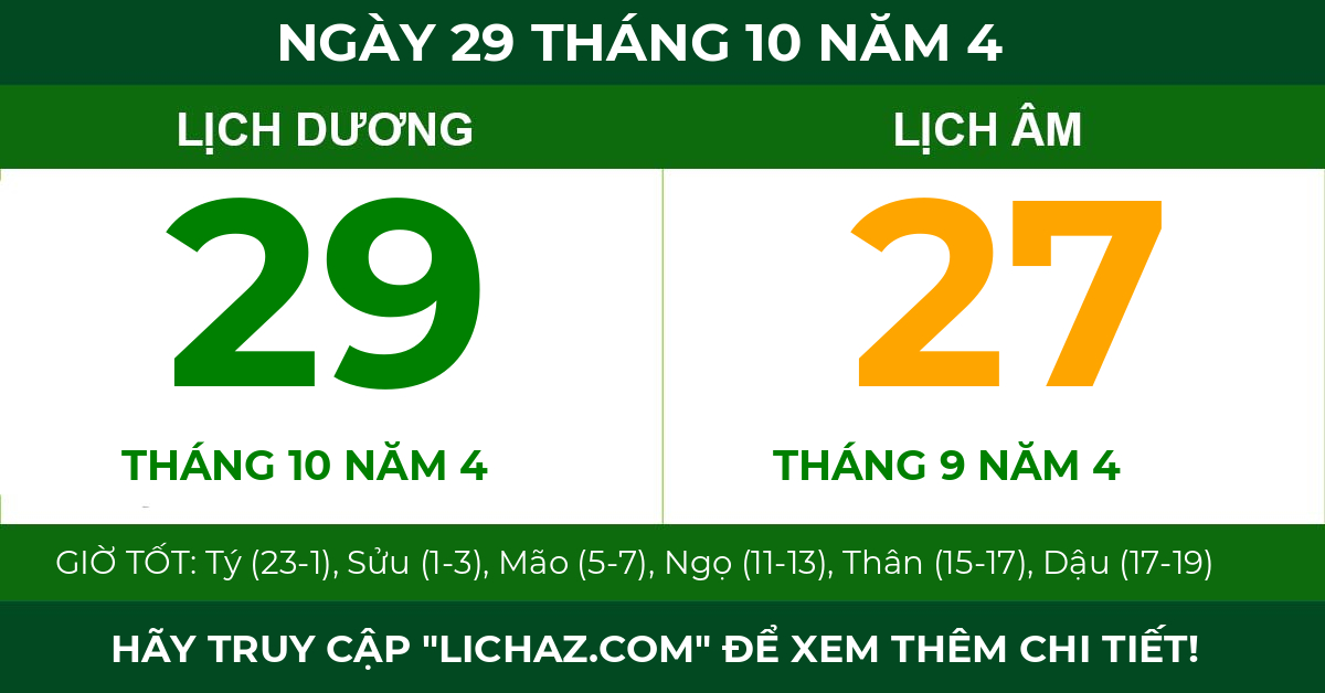 lịch âm ngày 29 tháng 10 năm 4